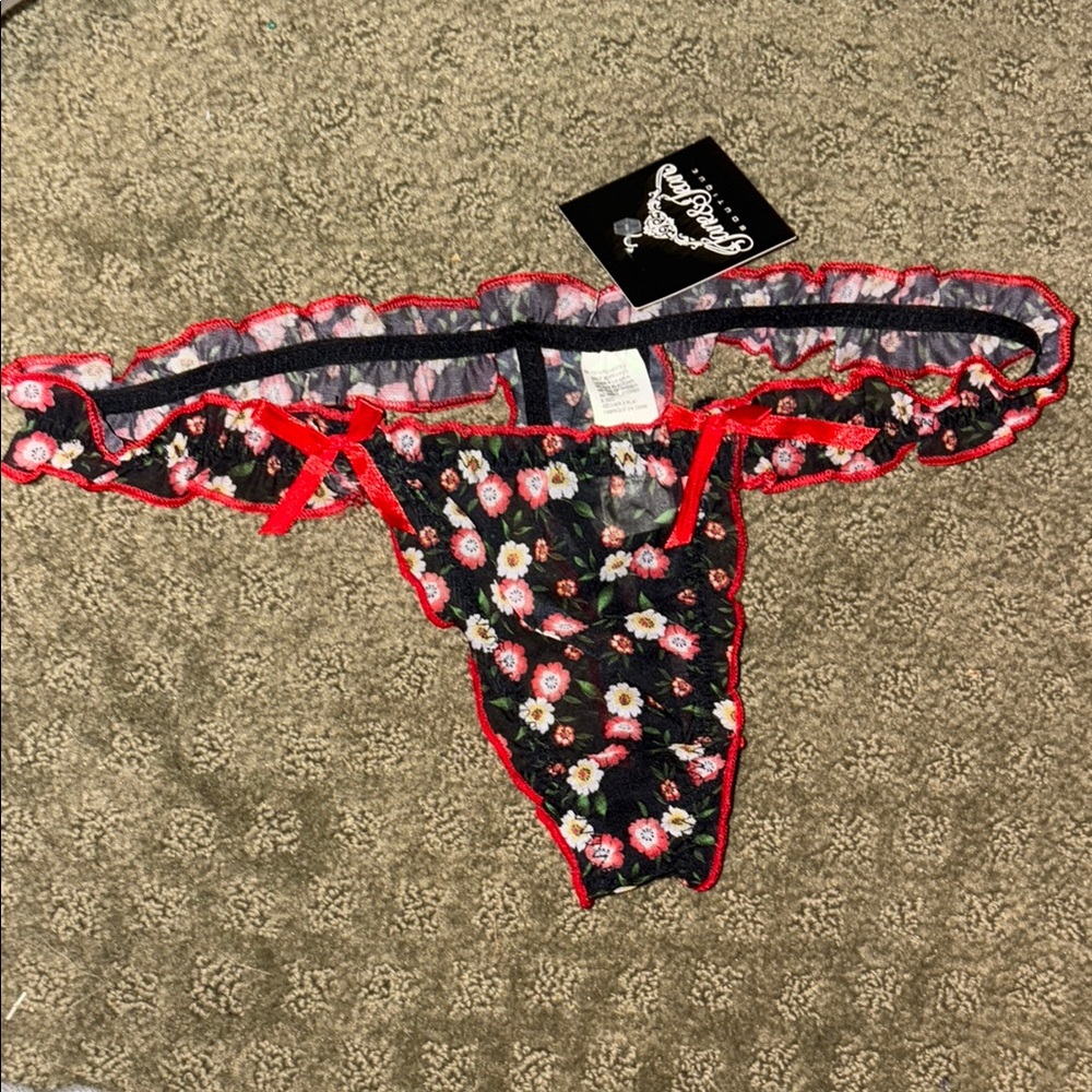 NWT Black Floral Lace Thong with Red Trim